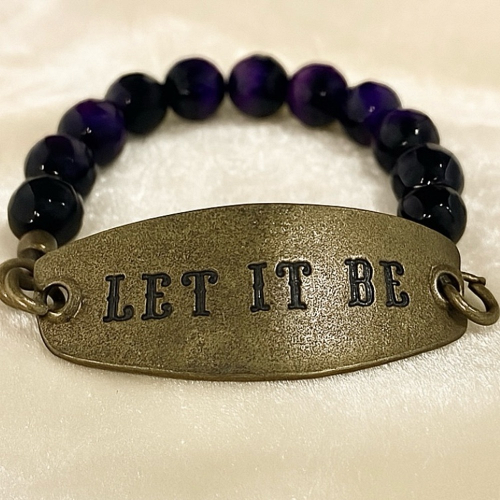 VINTAGE LENNY & EVA BRASS PLATED BRACELET THAT READS LET IT BE WITH PURPLE BEADS